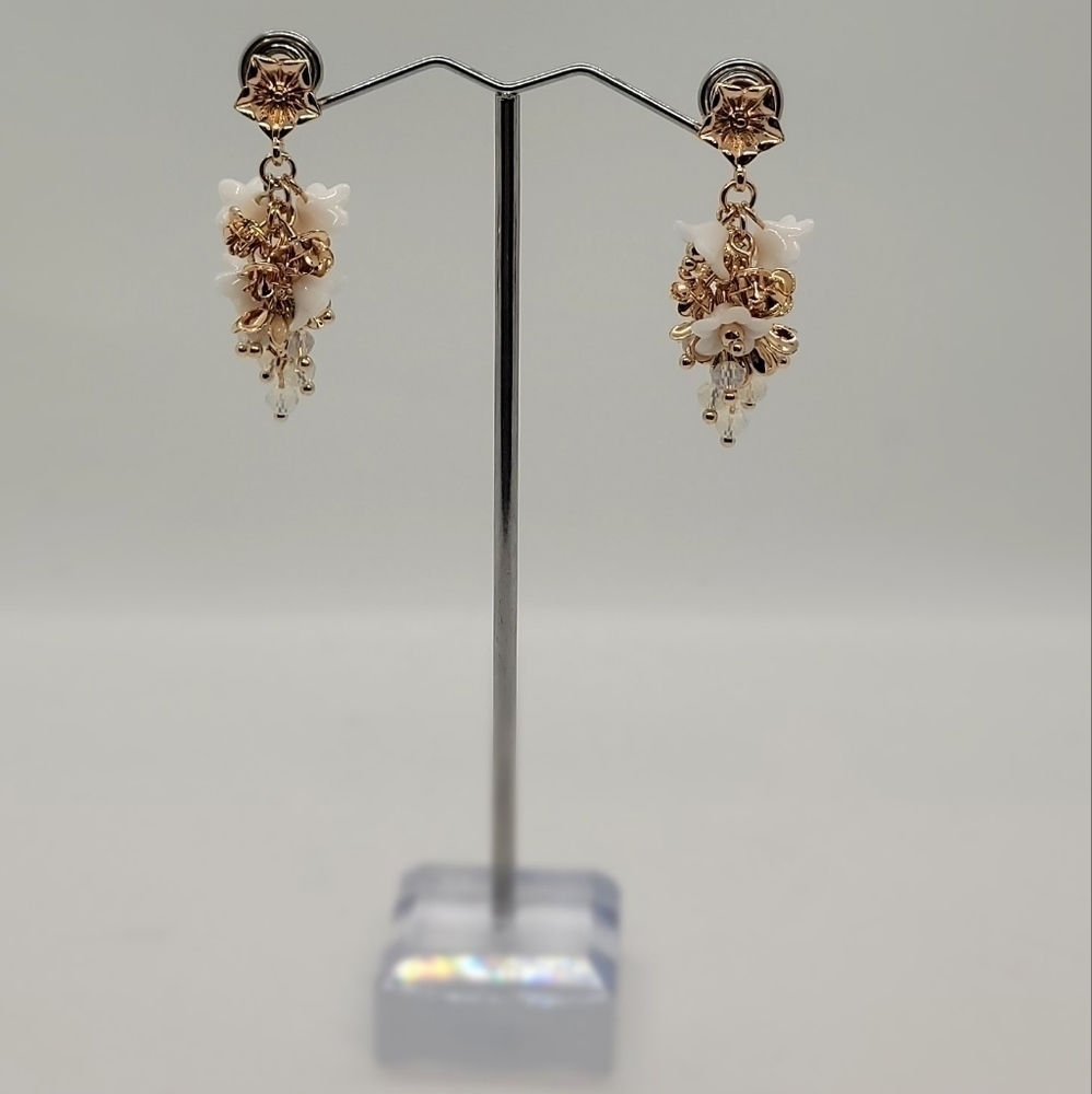 WHITE & gold colored floral drop earrings
